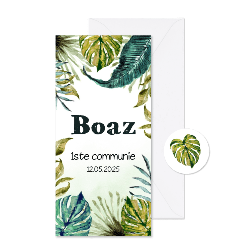 Stoere uitnodiging met trendy botanische bladeren - Kaartimpressie