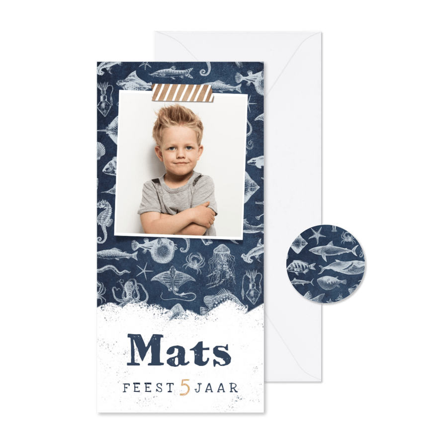 Stoere uitnodiging met zeedieren voor kinderfeestje - Kaartimpressie