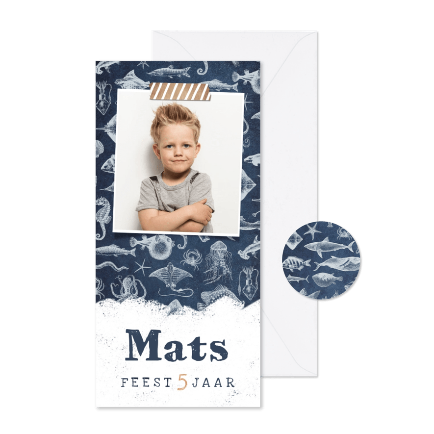 Stoere uitnodiging met zeedieren voor kinderfeestje - Kaartimpressie