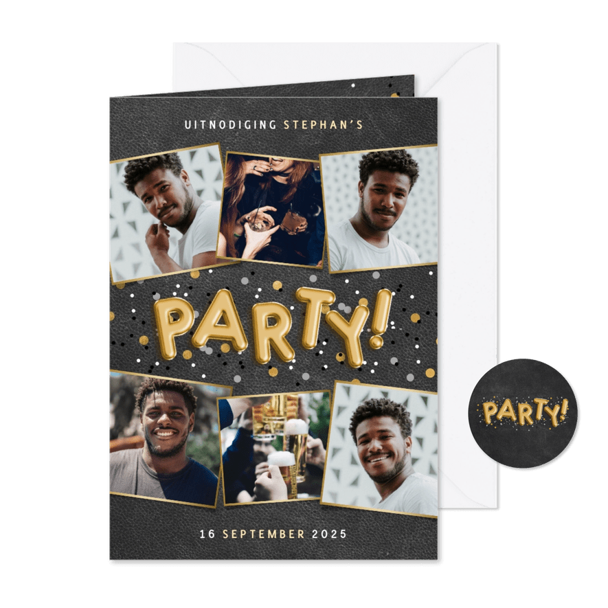 Stoere uitnodiging verjaardag met ballonnen en confetti - Kaartimpressie