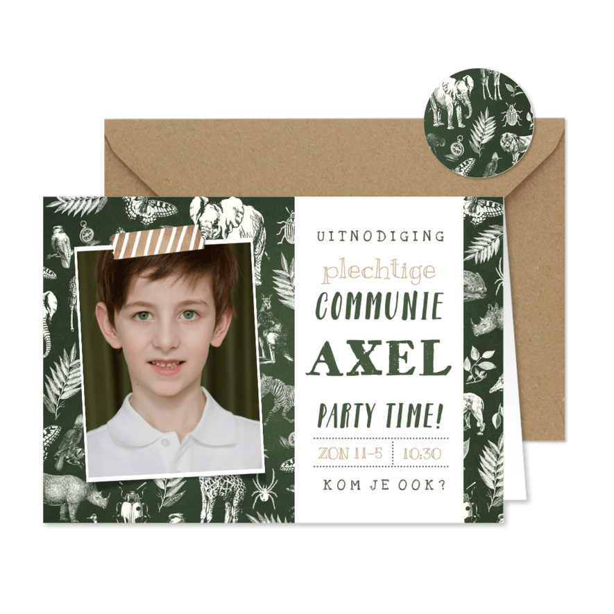 Stoere uitnodiging voor een communie jungle survival - Kaartimpressie