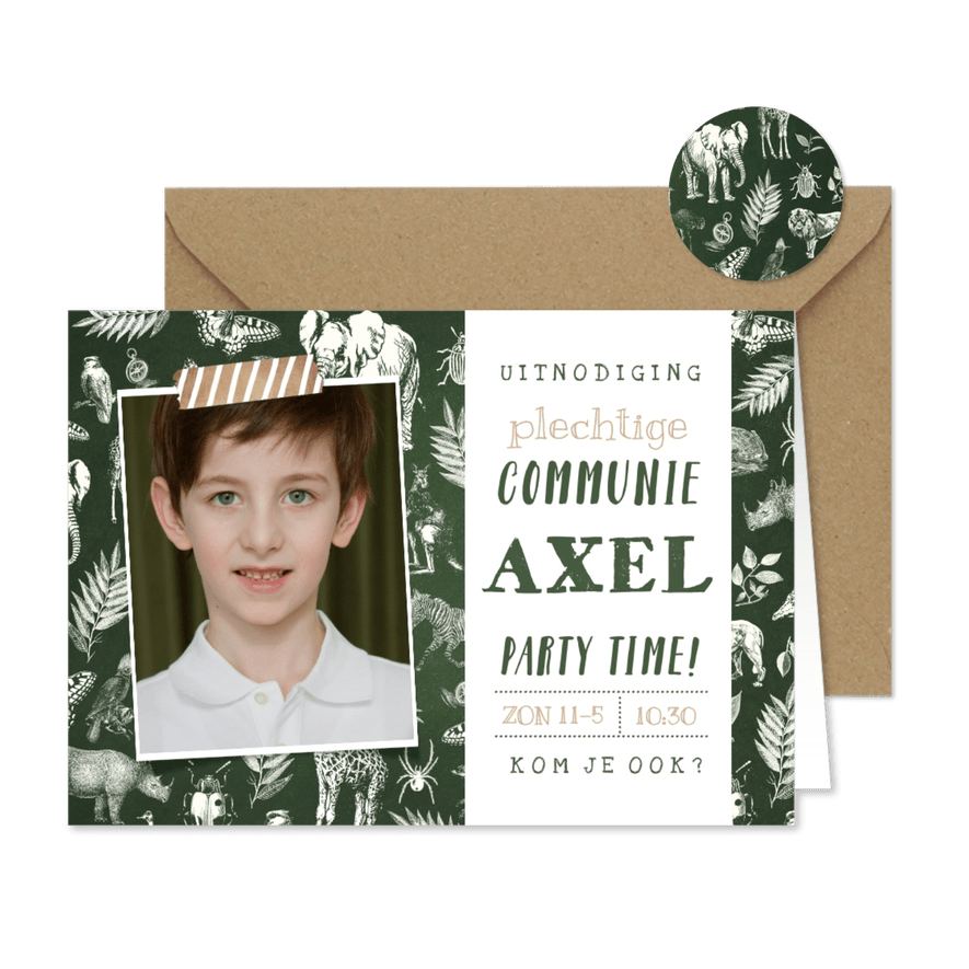 Stoere uitnodiging voor een communie jungle survival - Kaartimpressie