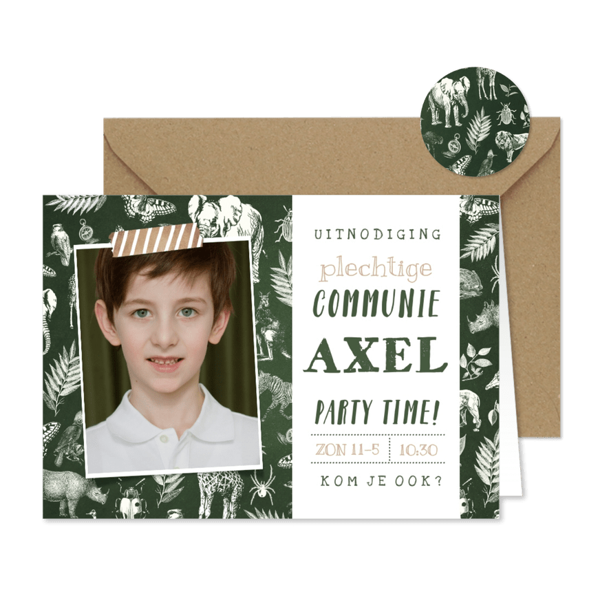 Stoere uitnodiging voor een communie jungle survival - Kaartimpressie