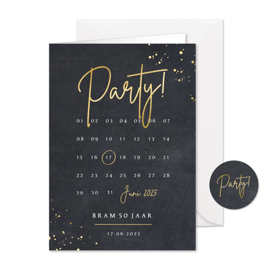 Stoere uitnodiging voor een feestje met kalender en party - Kaartimpressie