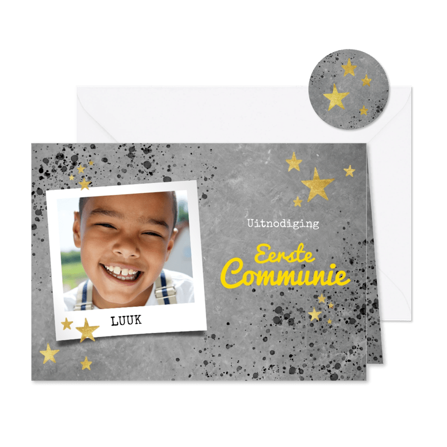 Stoere uitnodiging voor eerste communie beton en spetters - Kaartimpressie