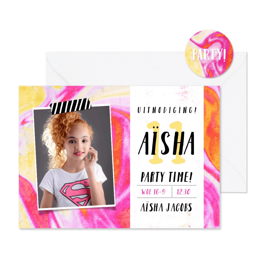 Stoere uitnodigingskaart voor feestje tiener meisje - Kaartimpressie