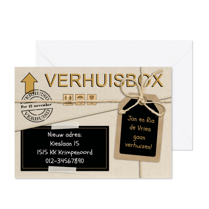 Stoere verhuiskaart met label en touwtje op verhuisdoos - Kaartimpressie