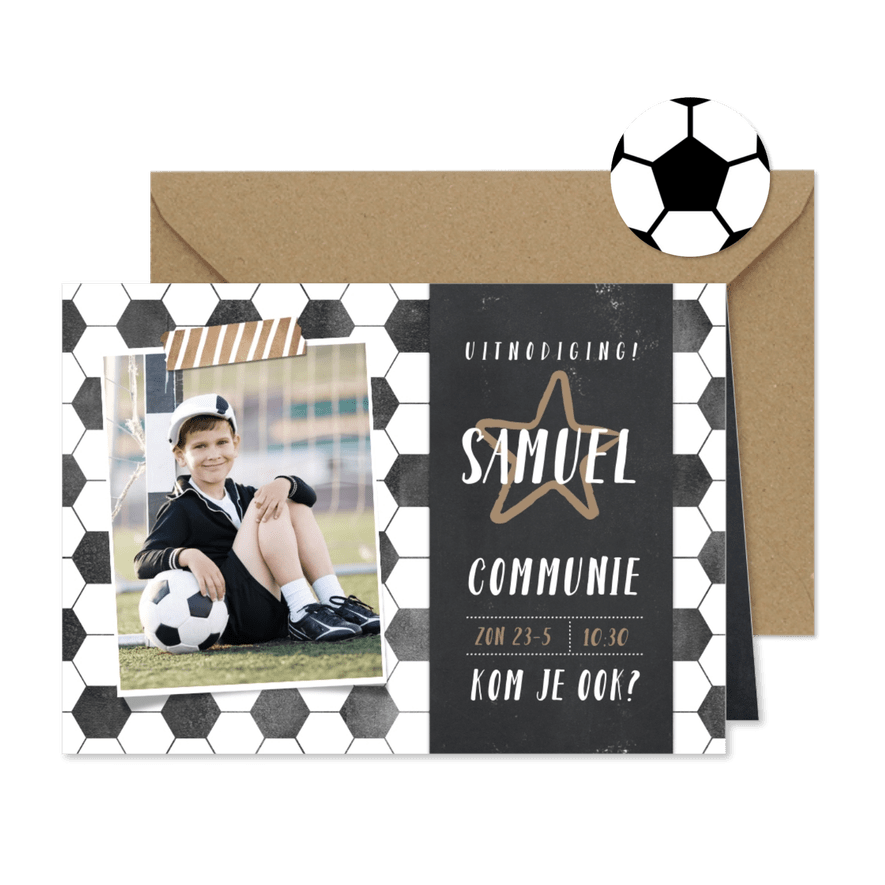 Stoere voetbal communie uitnodiging jongen met foto - Kaartimpressie