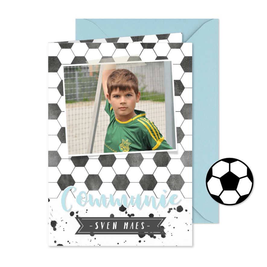 Stoere voetbal communiekaart met eigen foto - Kaartimpressie