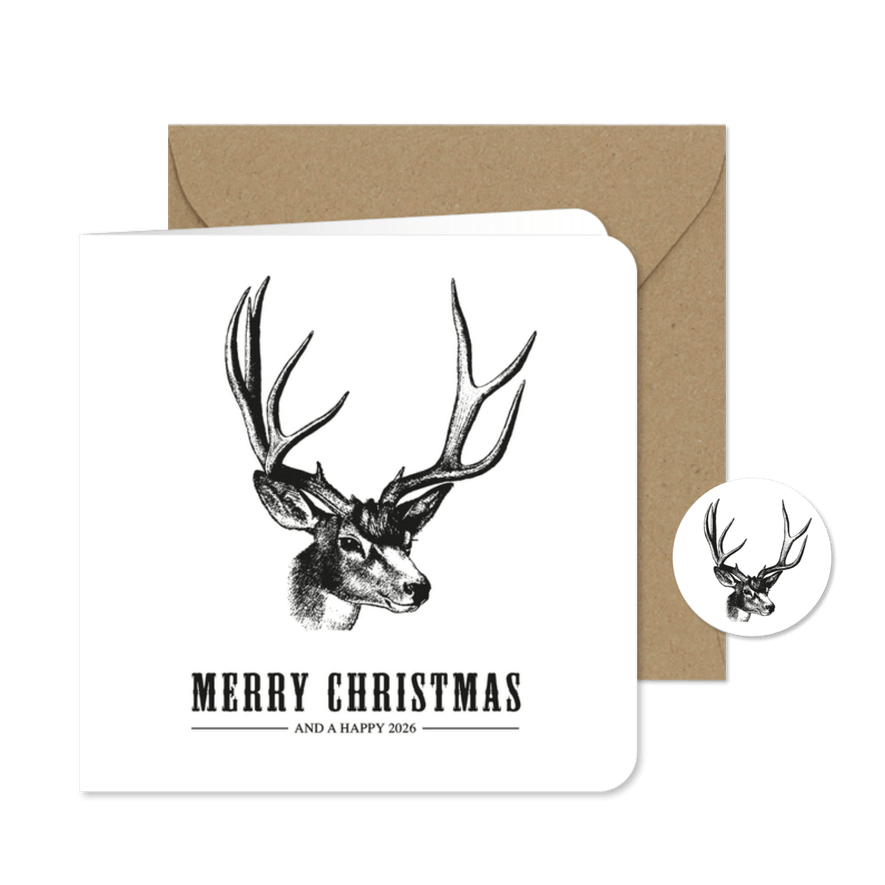 Stoere zakelijke kerstkaart met een illustratie van rendier - Kaartimpressie