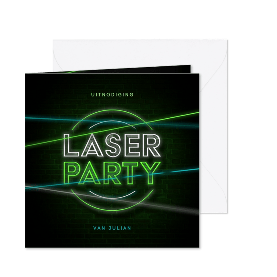 Stoereuitnodiging lasergamen schieten laserparty neon - Kaartimpressie