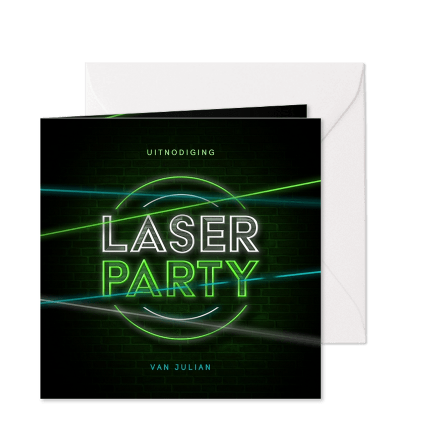 Stoereuitnodiging lasergamen schieten laserparty neon - Kaartimpressie