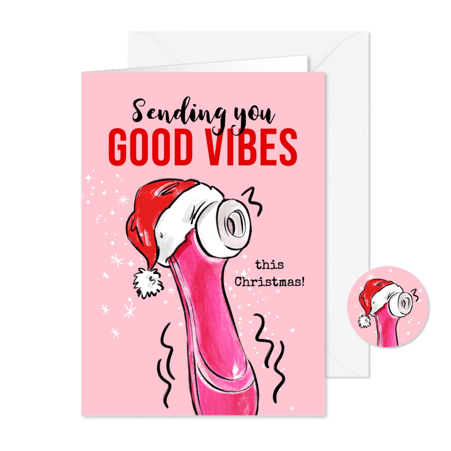 Stoute kerstkaart 'Good vibes satisfyer' kerstmuts sterren - Kaartimpressie