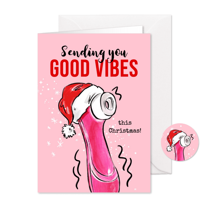 Stoute kerstkaart 'Good vibes satisfyer' kerstmuts sterren - Kaartimpressie