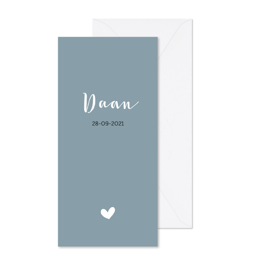 Strak blauw geboortekaartje met wit hartje - Kaartimpressie