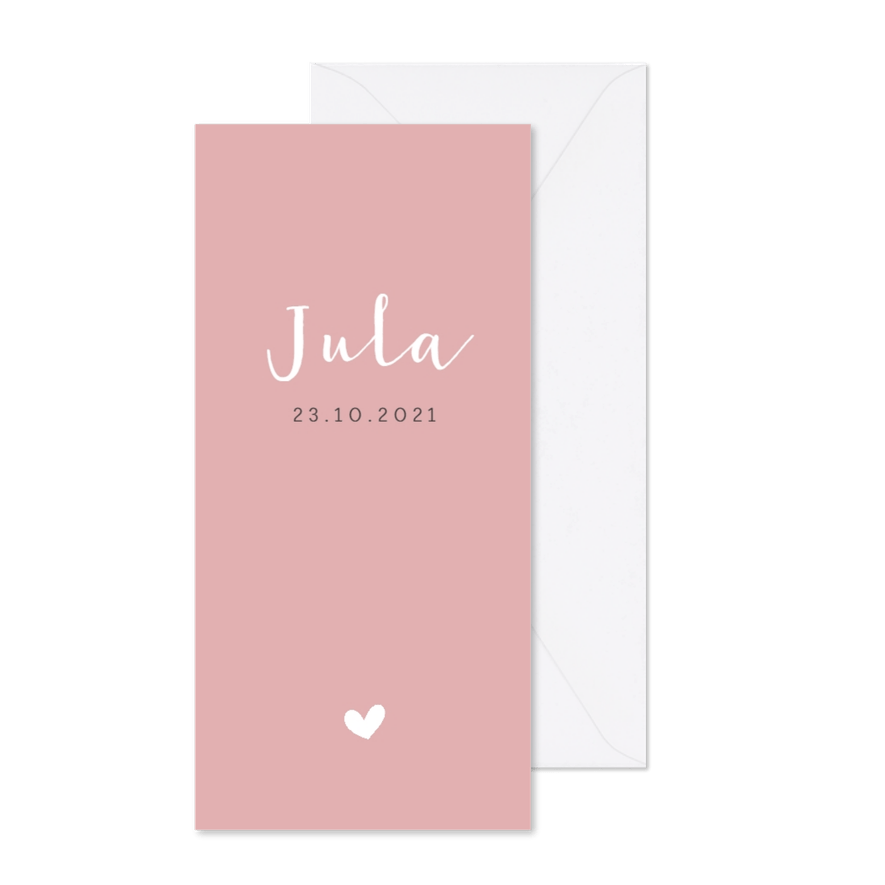 Strak roze geboortekaartje met een wit hartje - Kaartimpressie