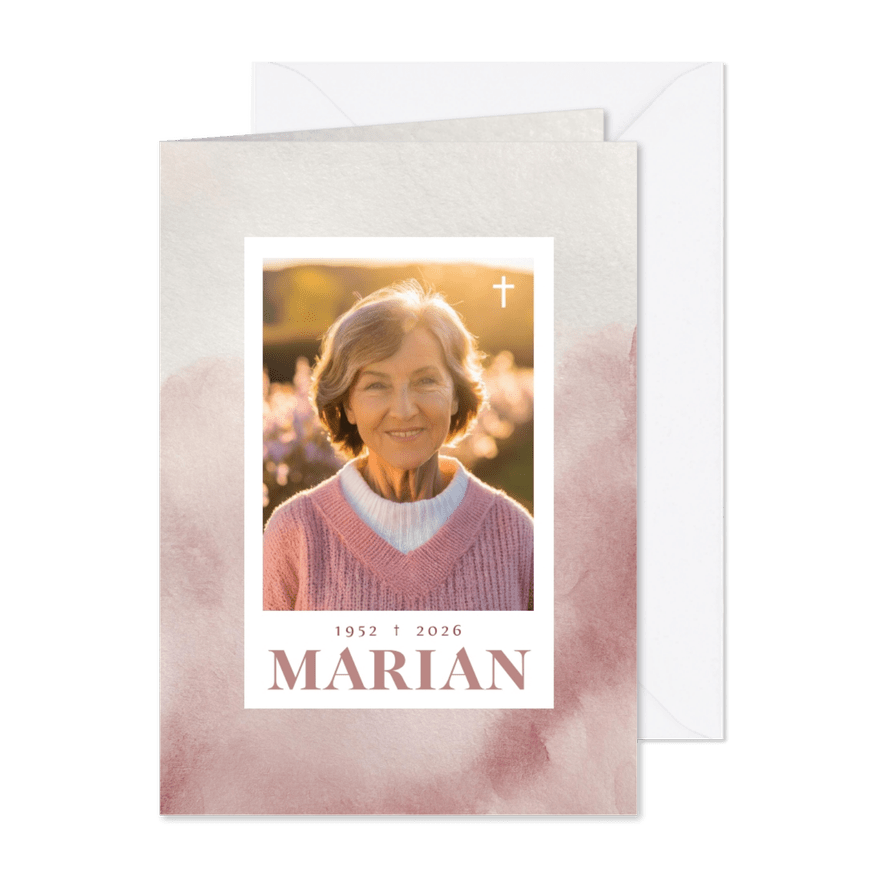 Subtiele roze waterverf rouwkaart met kruisje - Kaartimpressie