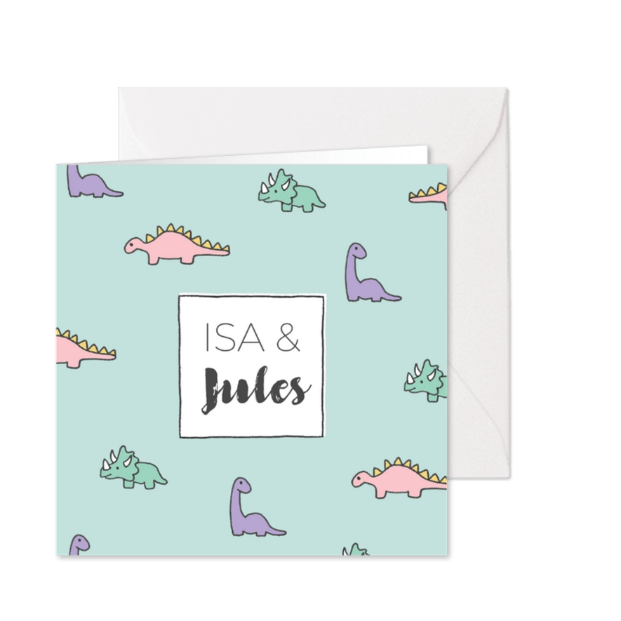 Superschattig geboortekaartje pastel dino tweeling - Kaartimpressie