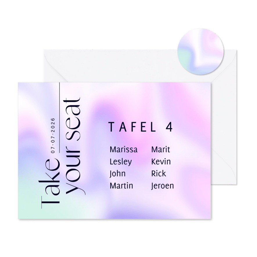 Tafelkaartje holografisch neon paars modern hip - Kaartimpressie