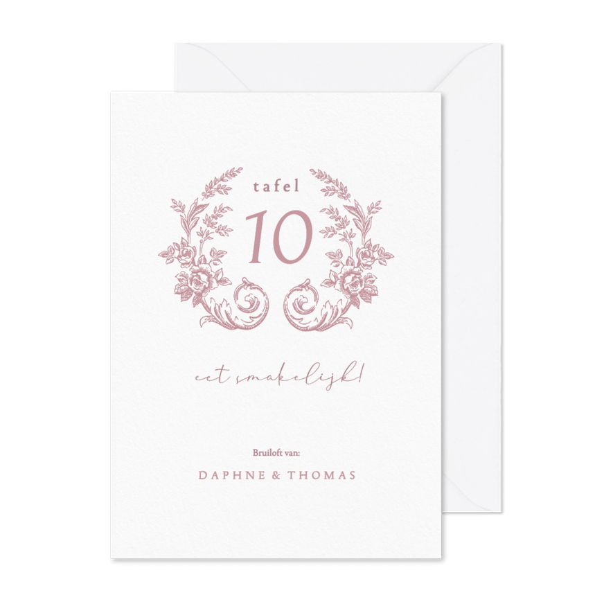 Tafelkaartje klassiek met roze roosjes bruiloft - Kaartimpressie