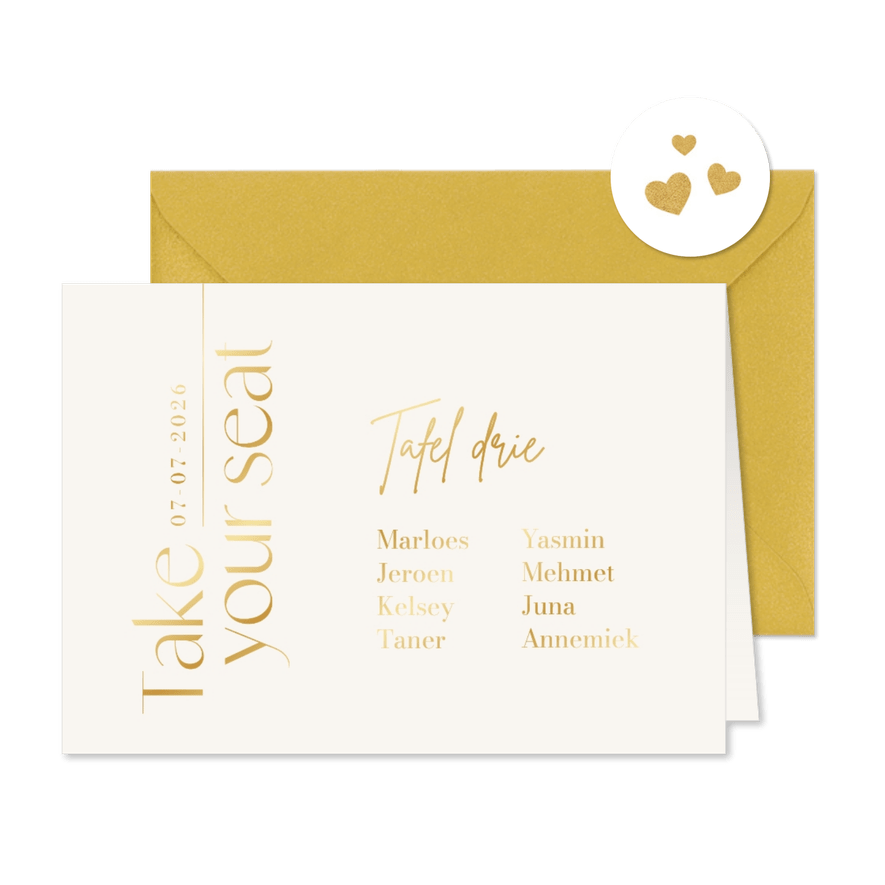 Tafelkaartje tijdloos take your seat goud - Kaartimpressie