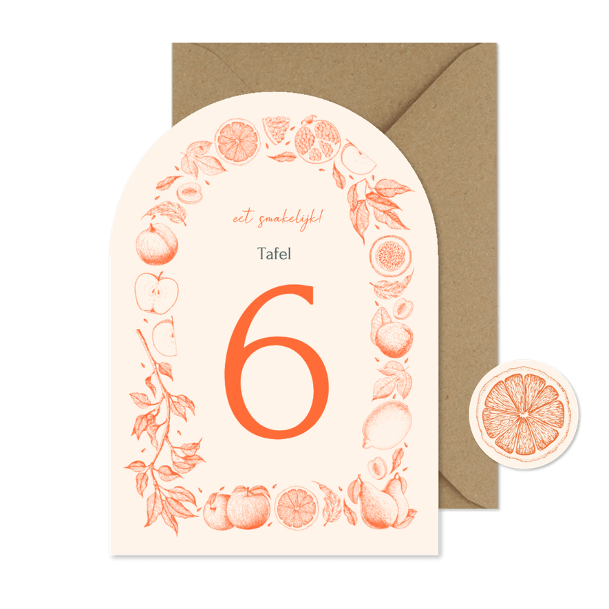 Tafelnummer boogvorm met vintage lijntekeningen van fruit - Kaartimpressie