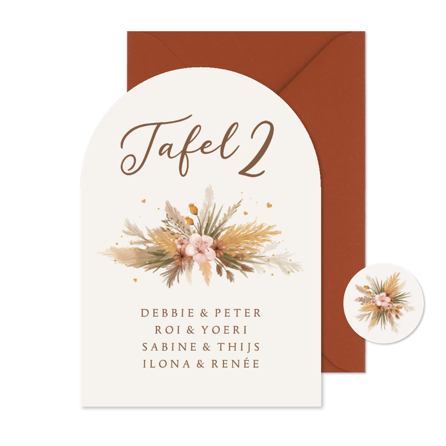 Tafelschikking boogkaart bohemian bloemen gras romantisch - Kaartimpressie