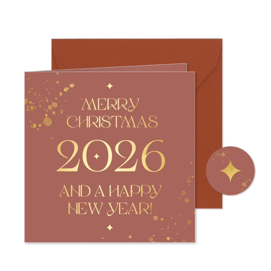 Terra kleurige kerstkaart met goudlook tekst en jaartal - Kaartimpressie