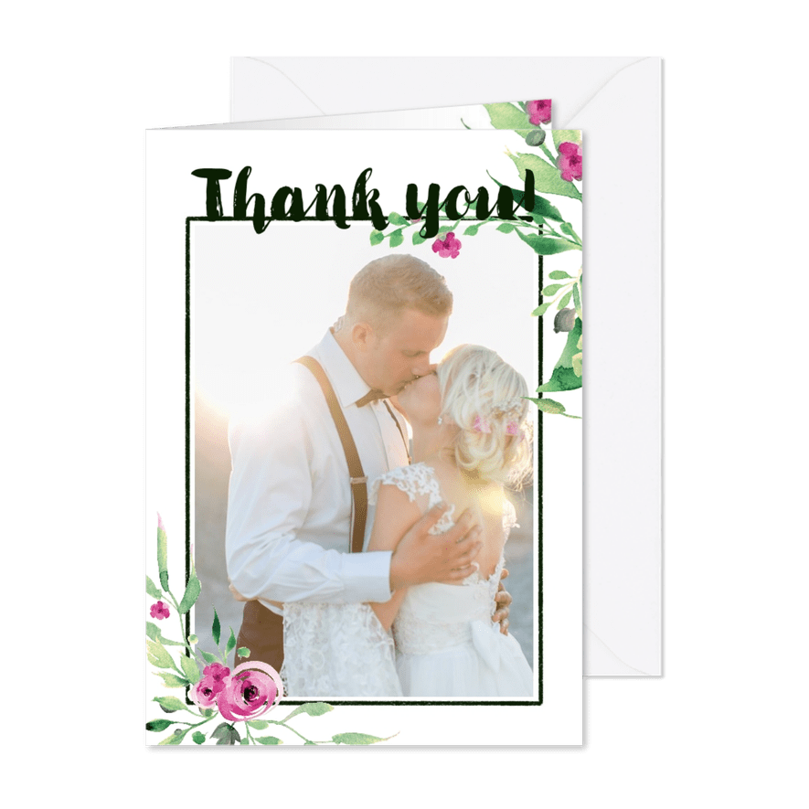 Thank you! Trouwkaart Stijlvol wit met bloemen - Kaartimpressie