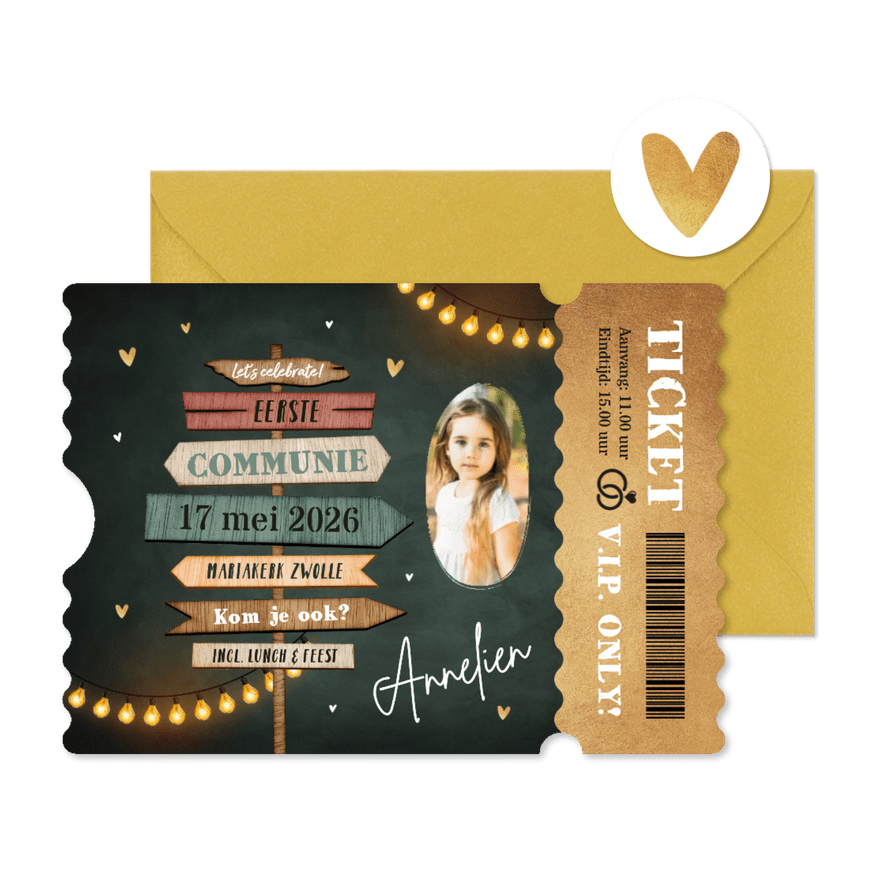 Ticket communie wegwijzers hartjes krijtbord goud - Kaartimpressie