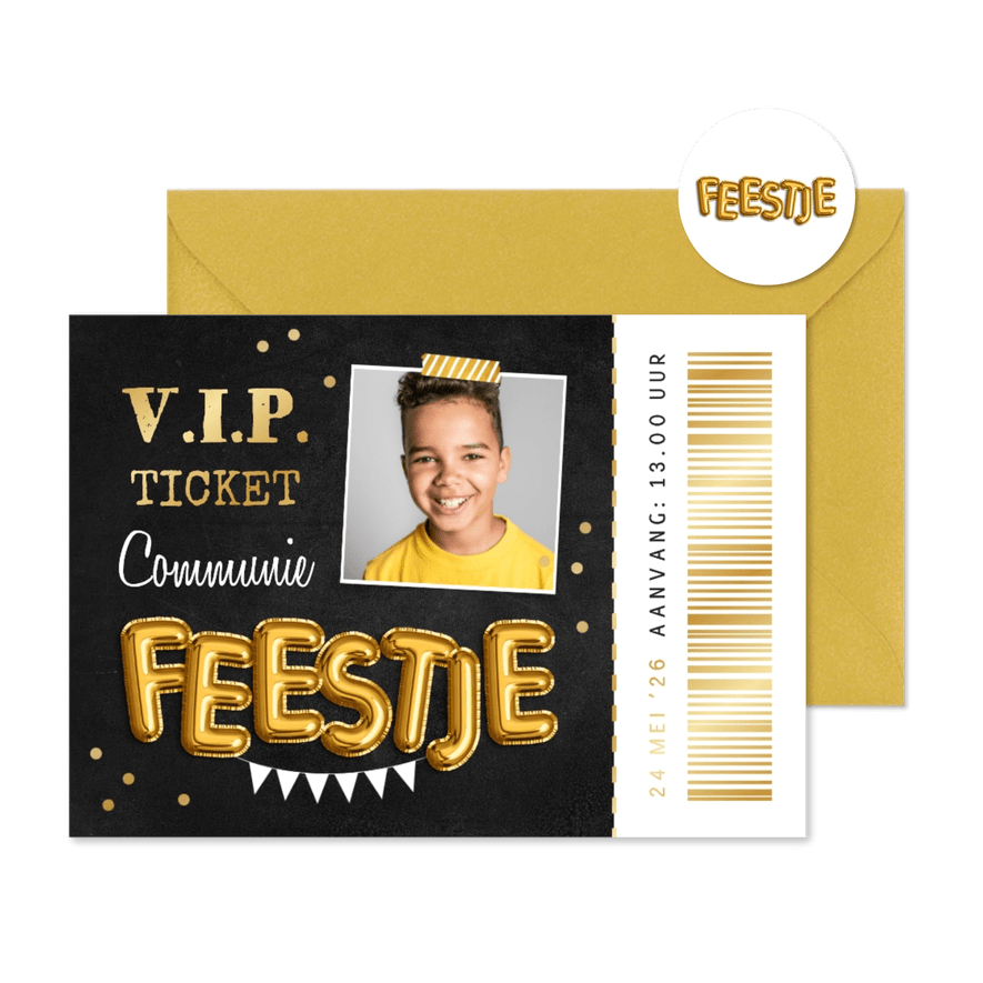 Ticket communiefeest feestje uitnodiging foto goud krijt - Kaartimpressie