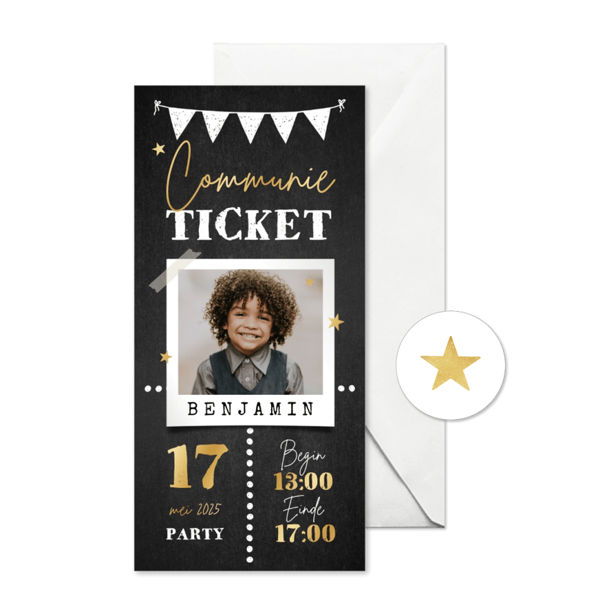 Ticket communiefeest sterren goud slingers foto krijt - Kaartimpressie