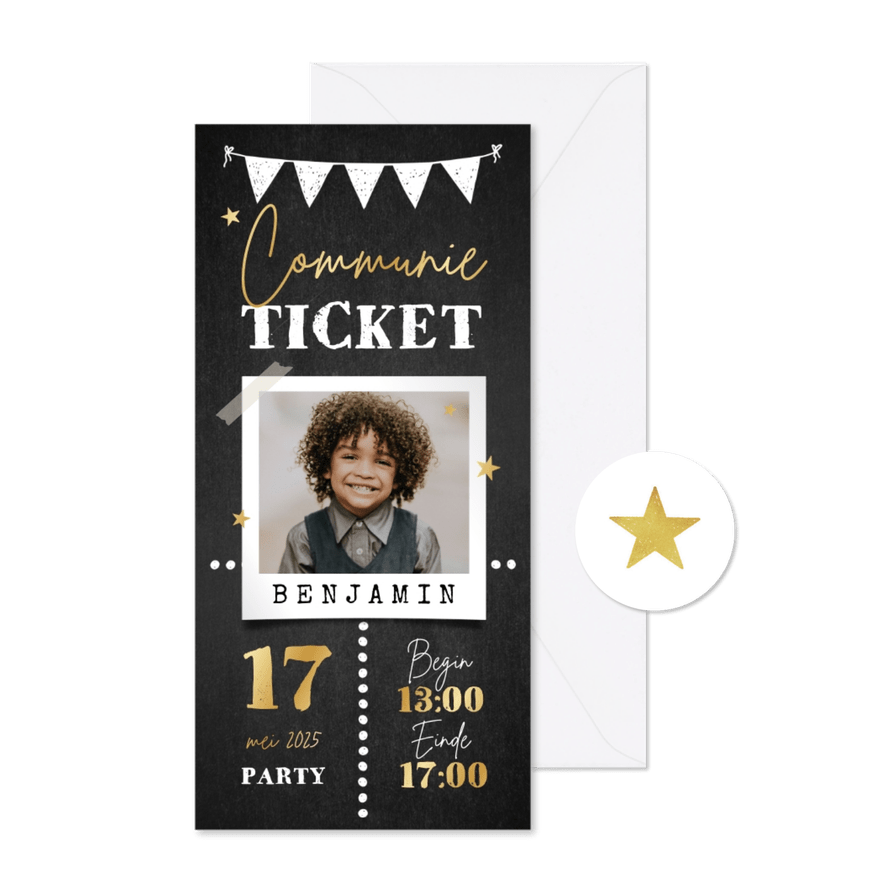Ticket communiefeest sterren goud slingers foto krijt - Kaartimpressie