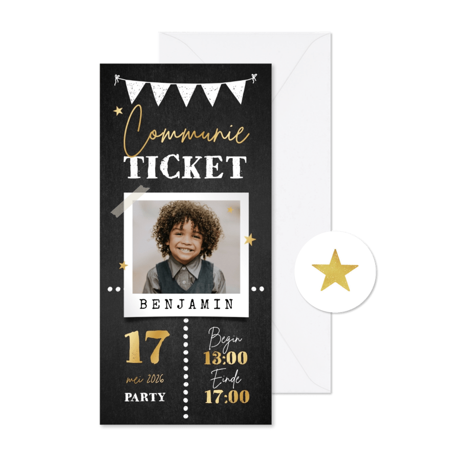 Ticket communiefeest sterren goud slingers foto krijt - Kaartimpressie