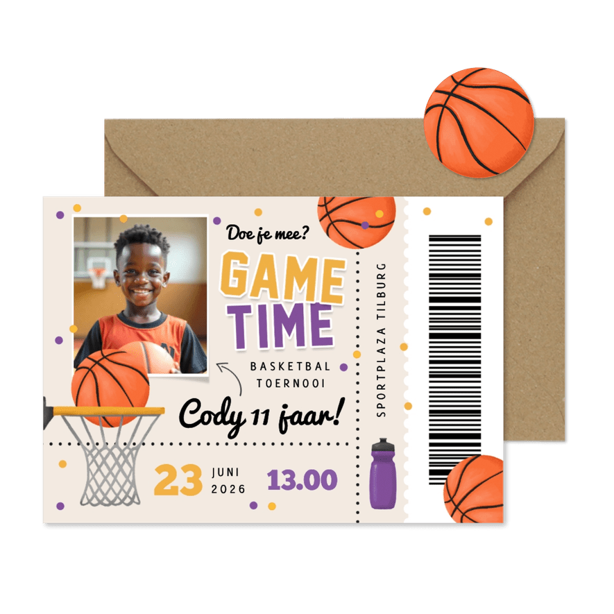 Ticket kinderfeestje basketbal sport activiteit uitnodiging - Kaartimpressie