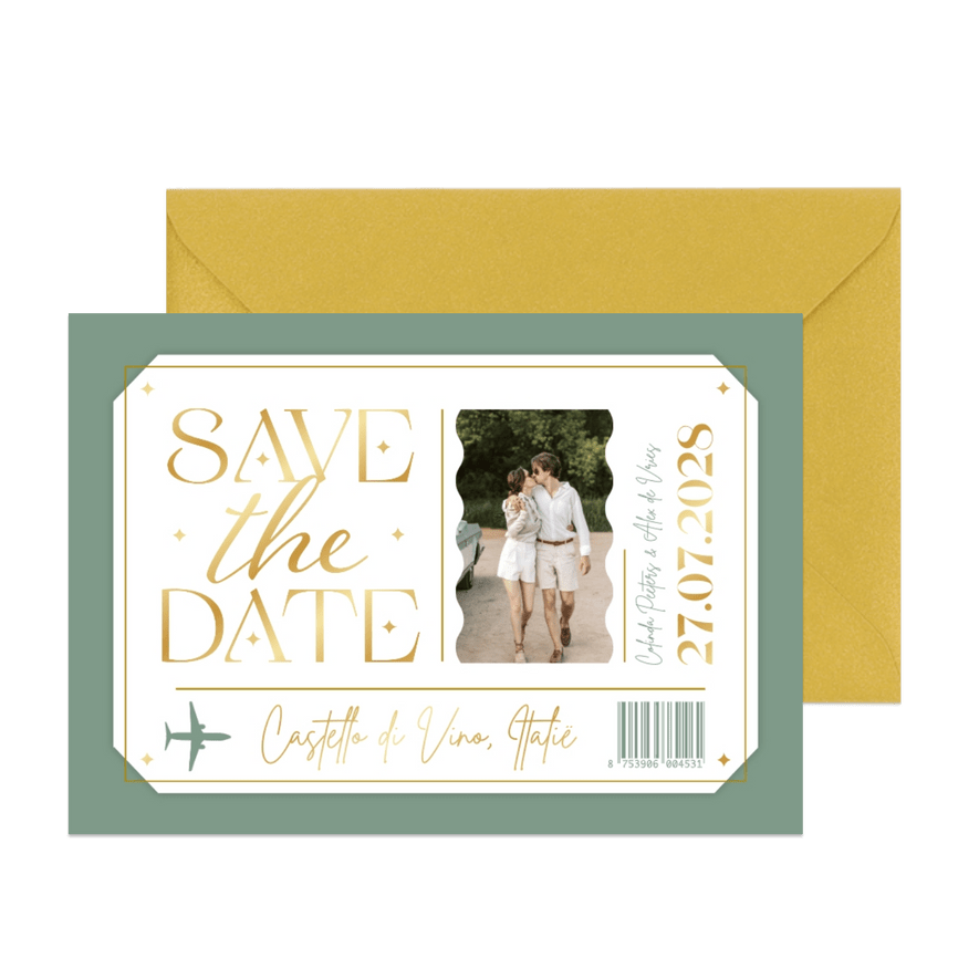 Ticket save the date kaart vliegtuig buitenland goud - Kaartimpressie