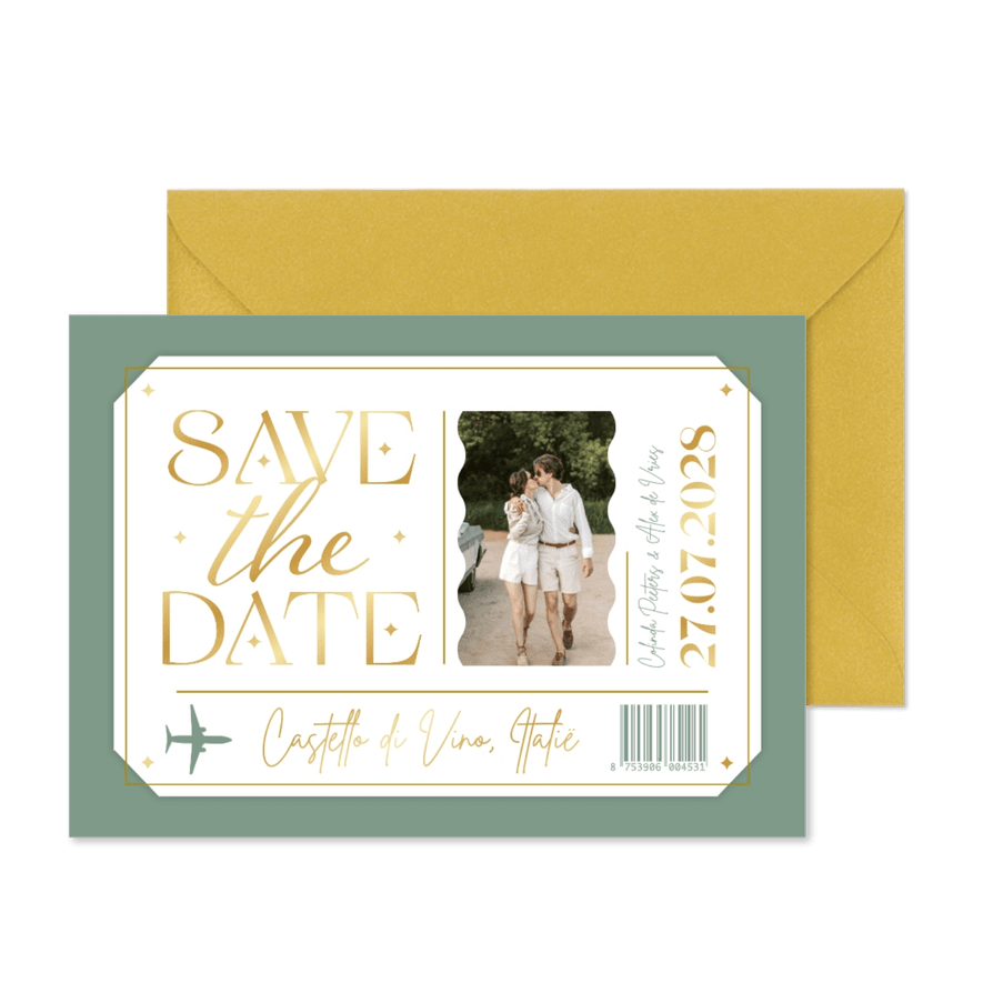 Ticket save the date kaart vliegtuig buitenland goud - Kaartimpressie