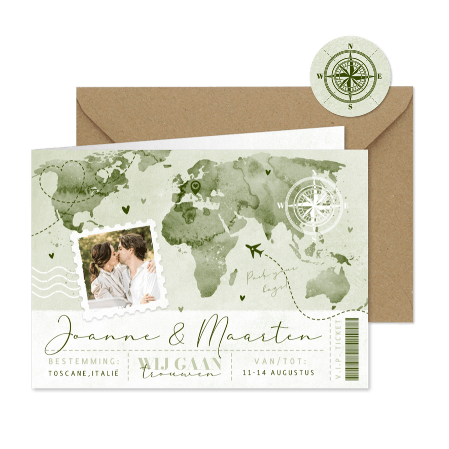 Ticket trouwkaart paspoort wereldkaart liefde groen verf - Kaartimpressie