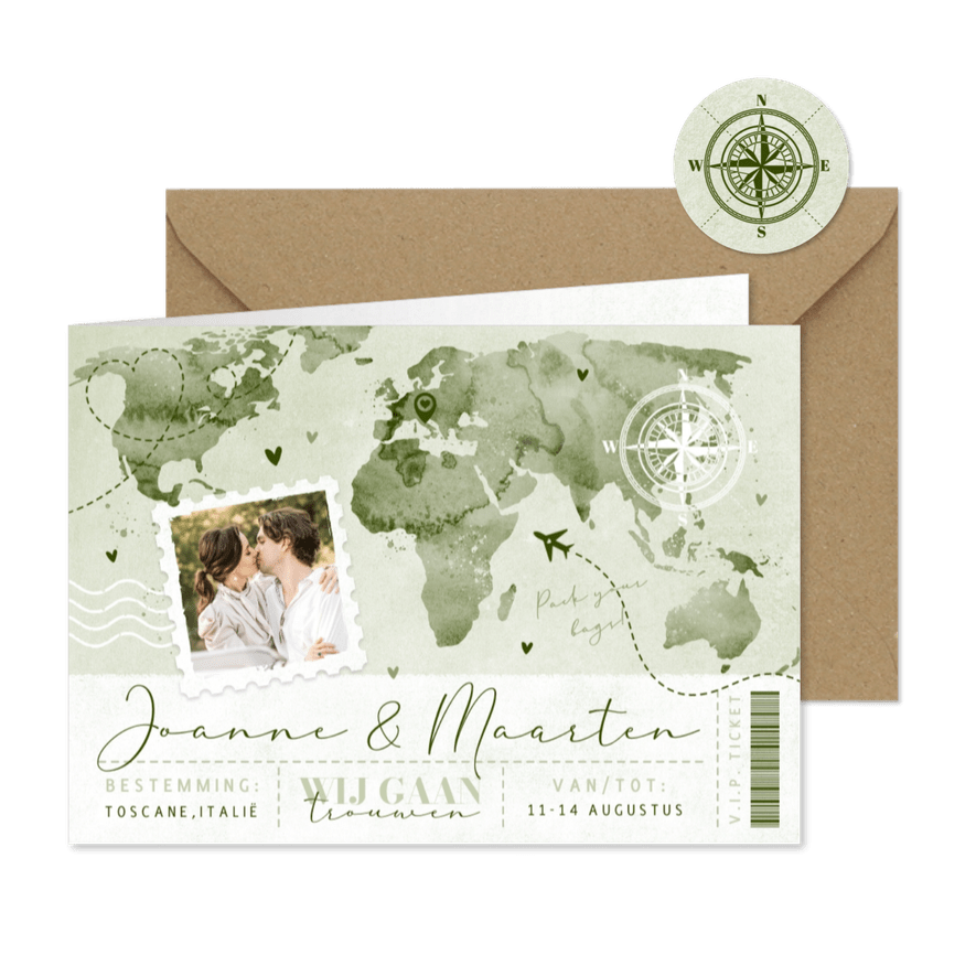 Ticket trouwkaart paspoort wereldkaart liefde groen verf - Kaartimpressie