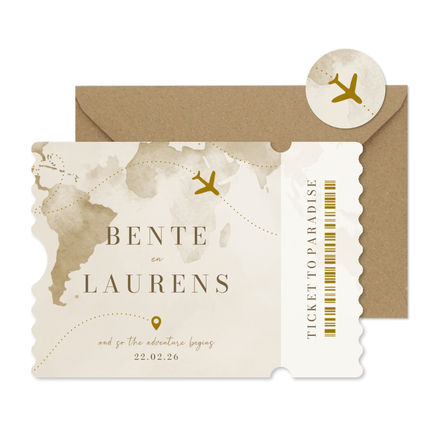 Ticket trouwkaart waterverf wereld goudfolie vliegtuig - Kaartimpressie