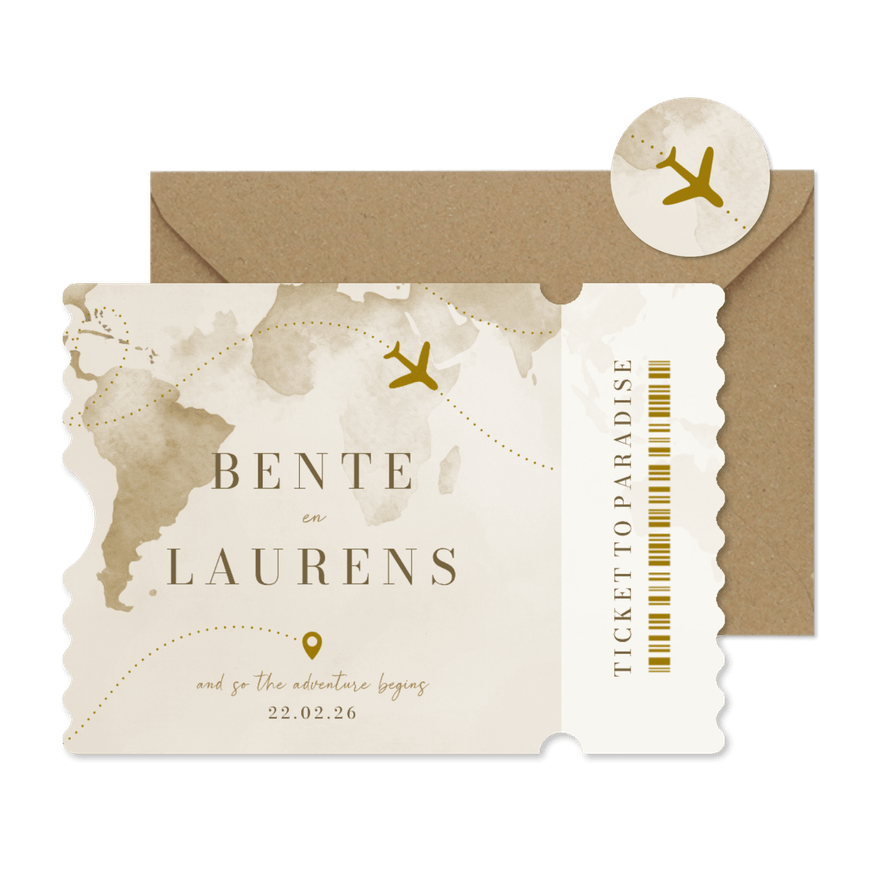 Ticket trouwkaart waterverf wereld goudfolie vliegtuig - Kaartimpressie