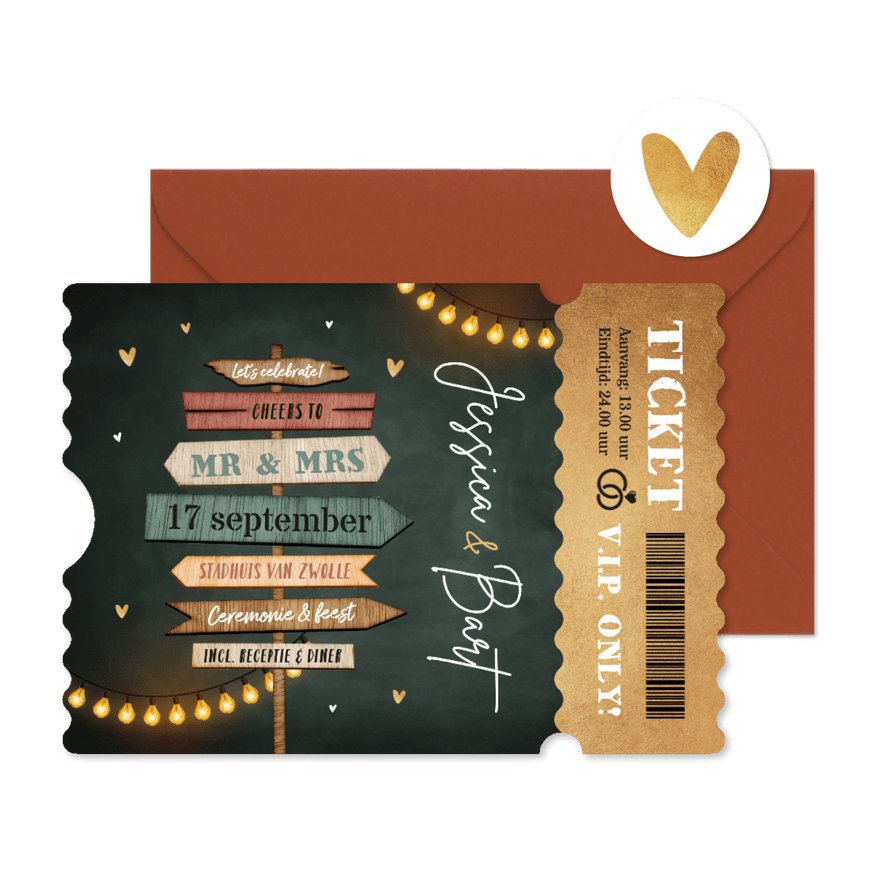 Ticket trouwkaart wegwijzers hartjes krijtbord goud - Kaartimpressie