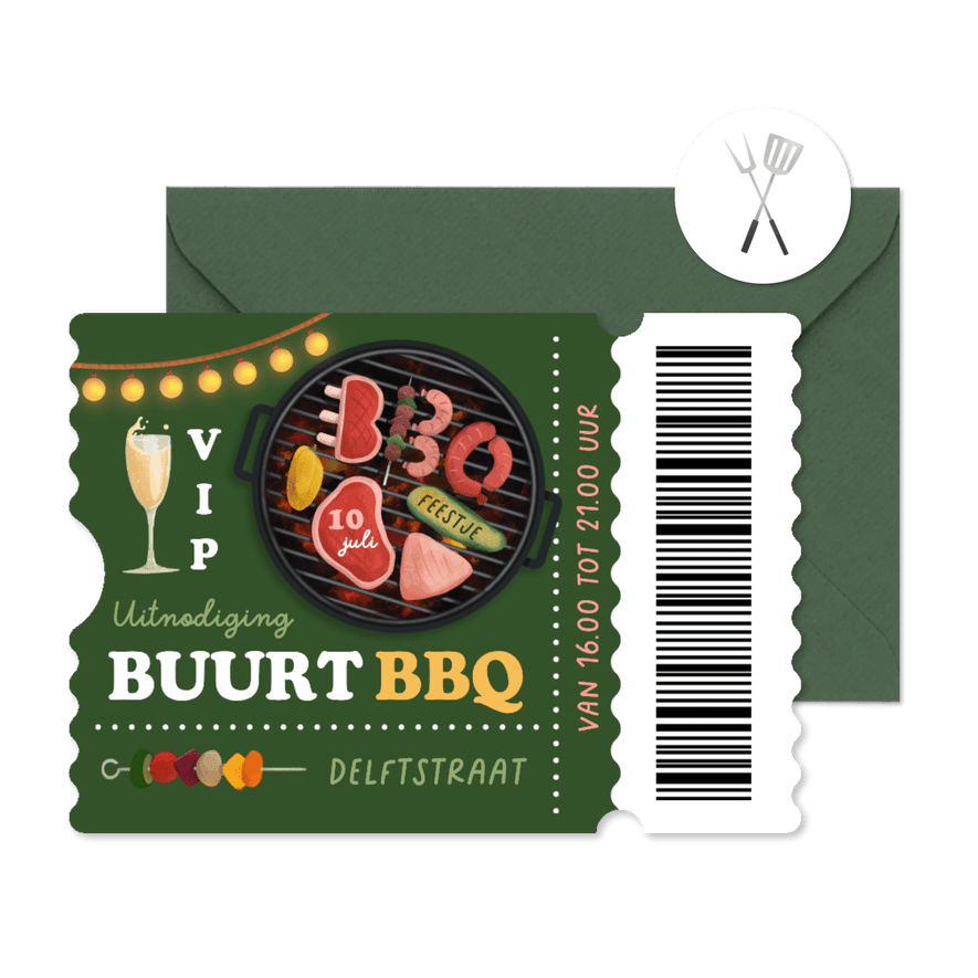 Ticket uitnodiging BBQ buurtfeest borrel buren tuinfeest - Kaartimpressie