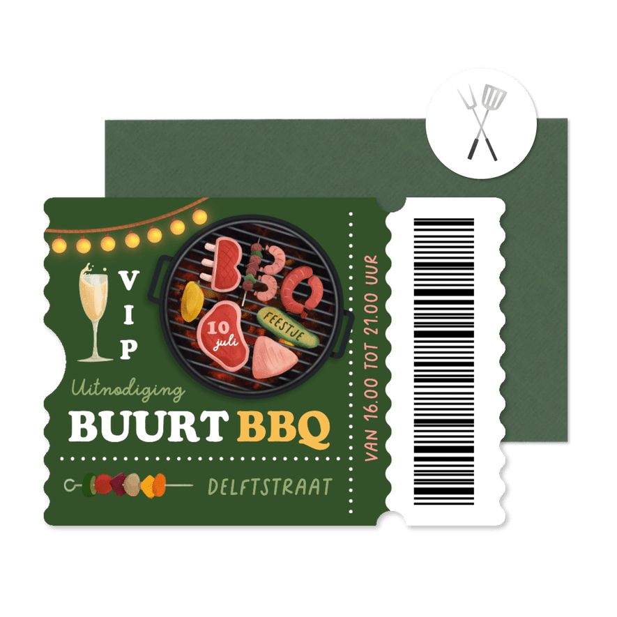Ticket uitnodiging BBQ buurtfeest borrel buren tuinfeest - Kaartimpressie