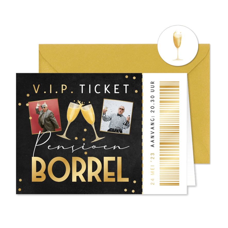 Ticket uitnodiging borrel pensioen champagne foto - Kaartimpressie