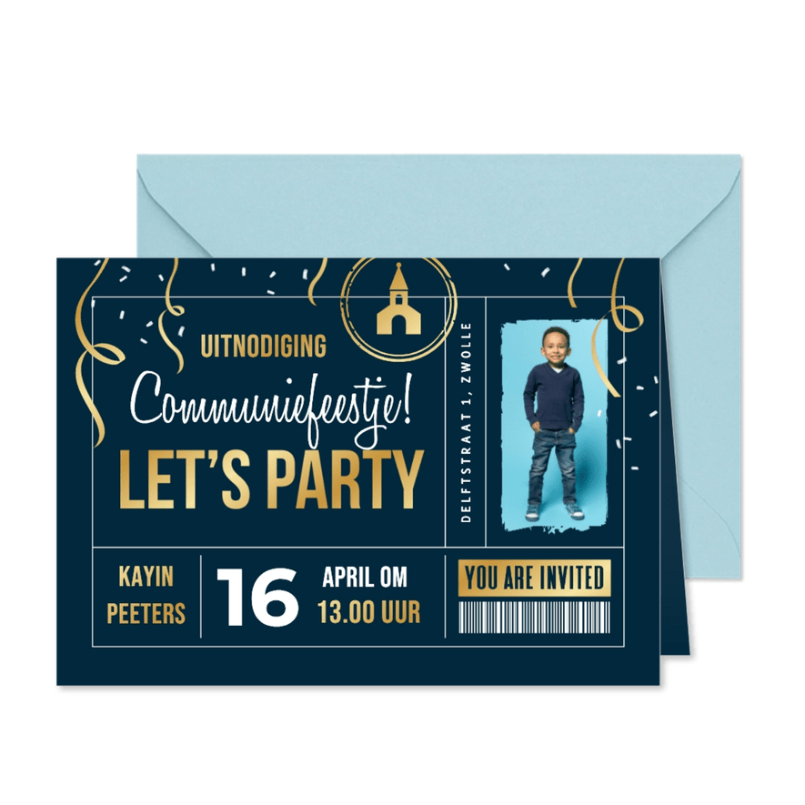 Ticket uitnodiging communie feestje foto stoer goud - Kaartimpressie