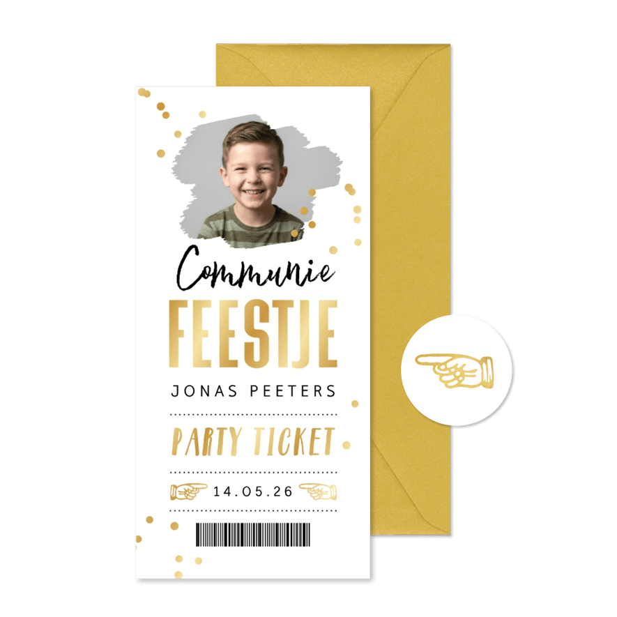 Ticket uitnodiging communie foto goud confetti - Kaartimpressie