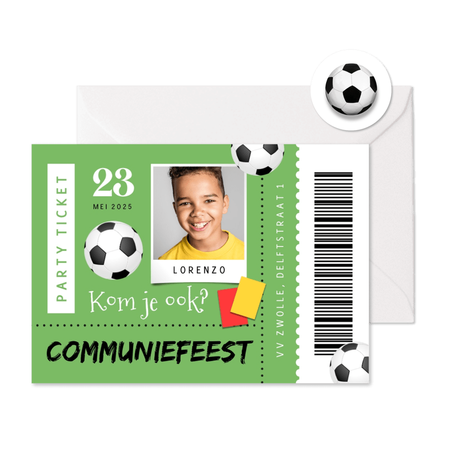 Ticket uitnodiging communiefeest voetbal foto  - Kaartimpressie