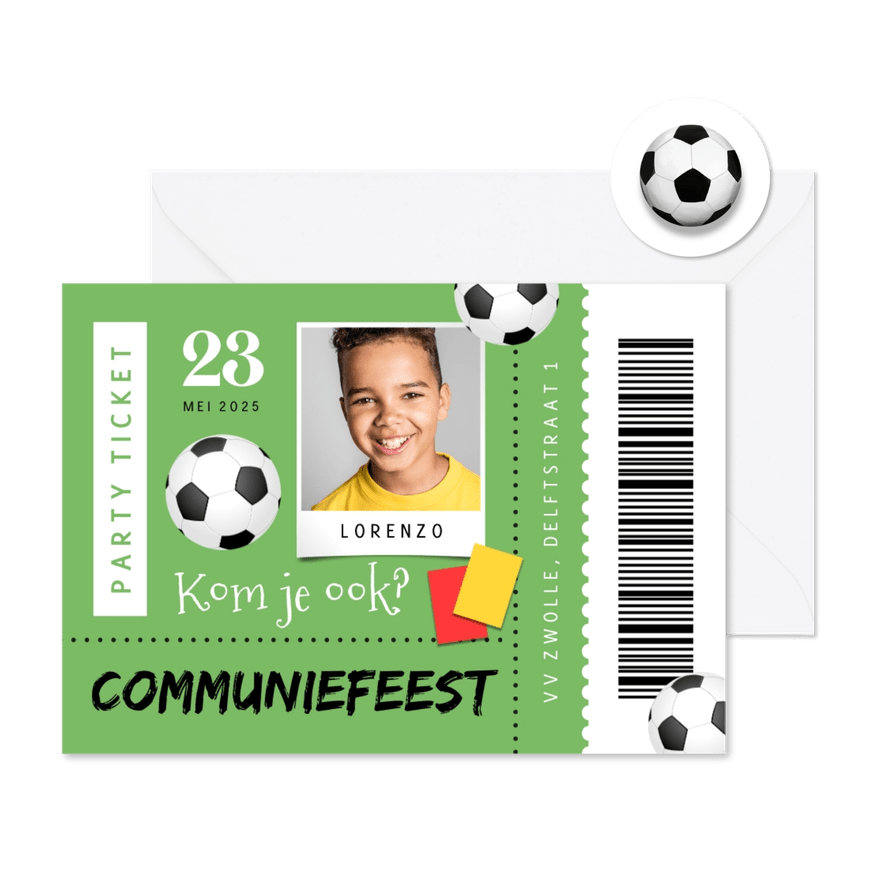 Ticket uitnodiging communiefeest voetbal foto - Kaartimpressie
