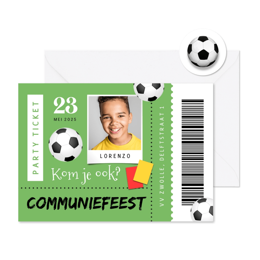 Ticket uitnodiging communiefeest voetbal foto - Kaartimpressie